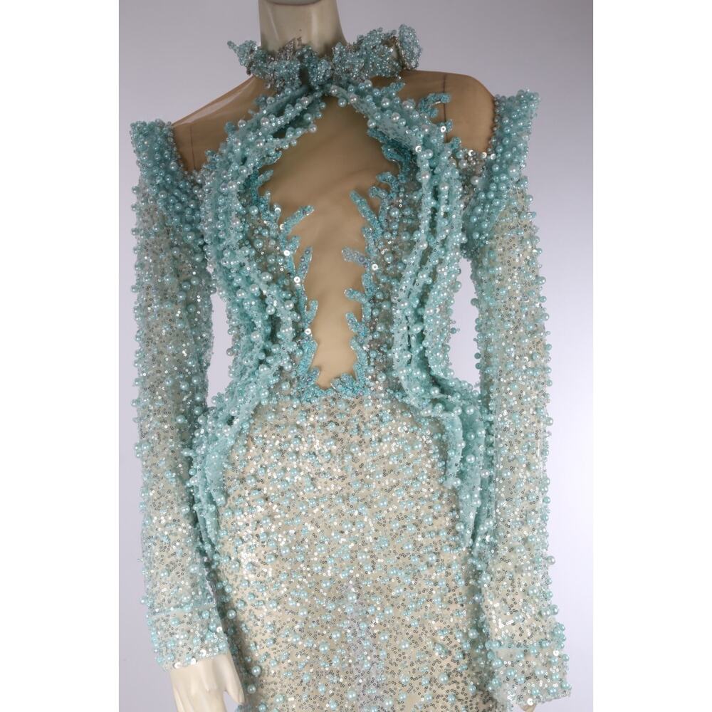 Albina Dyla Aqua Crystal Pearl Mesh Cutout Evening Formal Gala Couture Gown Sz S - Picture 6 of 16